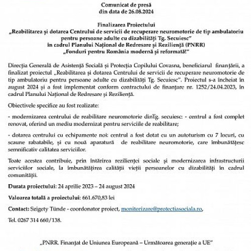 Finalizarea Proiectului de Reabilitare a Centrului pentru Persoane cu Dizabilități din Tg. Secuiesc