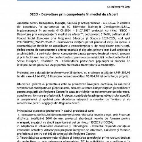 Proiect de dezvoltare a competențelor în mediul de afaceri, derulat de A.D.I.C.A.