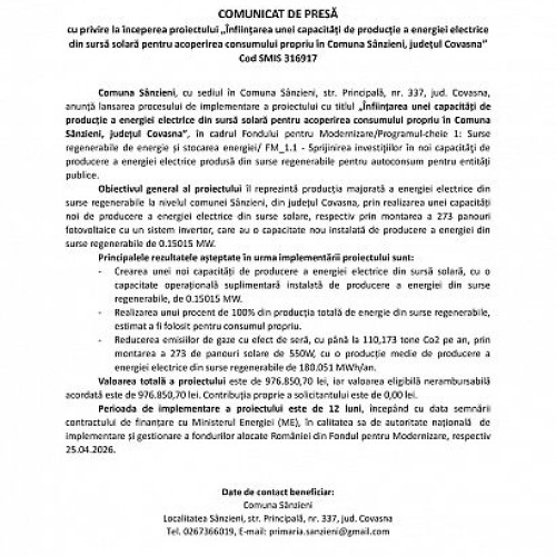 Comuna Sânzieni lansează un proiect pentru producția de energie solară