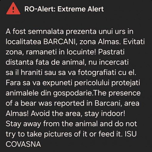 Urs în zona Barcani, ISU Covasna emite alertă RO-Alert