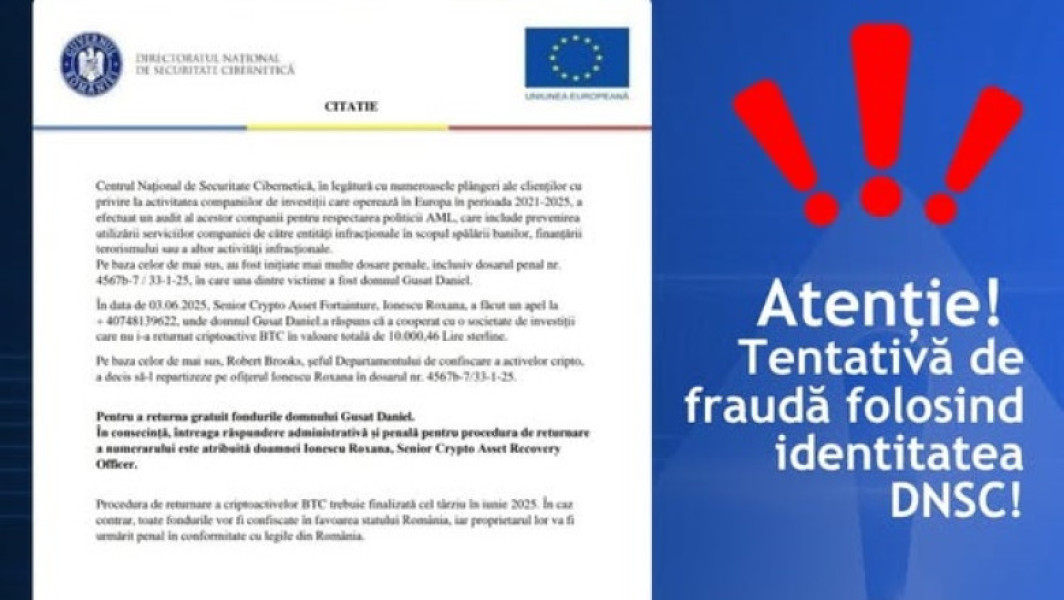 Avertizare privind o tentative de fraudă în numele DNSC