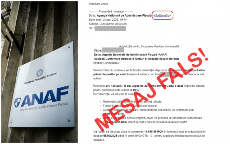 ANAF avertizează asupra unei noi tentativă de fraudă online