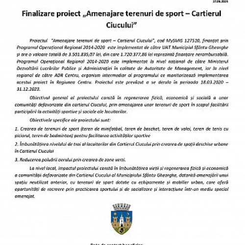 Finalizarea proiectului &quot;Amenajare terenuri de sport - Cartierul Ciucului&quot;