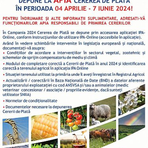 Agenția de Plăți și Intervenție pentru Agricultură anunță perioada de depunere a cererilor de plată pentru 2024